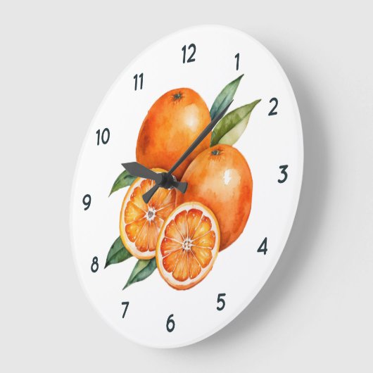 Orangefarbene Fruchtuhr mit schwarzen Zahlen Große Wanduhr (Winkel)
