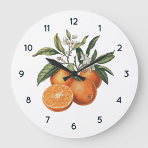 Orangefarbene Fruchtuhr mit schwarzen Zahlen Große Wanduhr