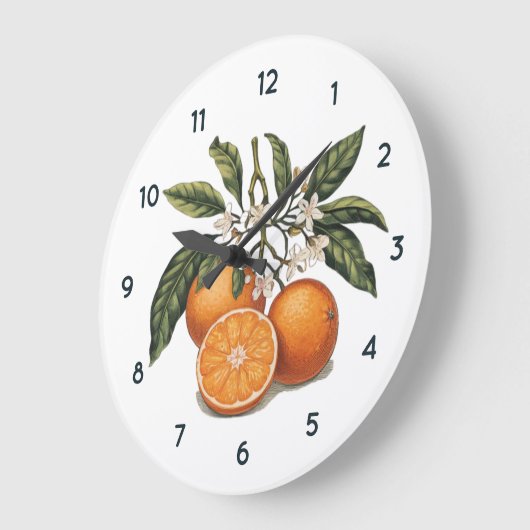 Orangefarbene Fruchtuhr mit schwarzen Zahlen Große Wanduhr (Winkel)