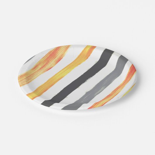 Orangefarbene gelbe und schwarze Streifen Pappteller (Schrägansicht)