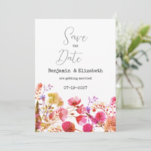 Orangefarbene, gelbe Wildblume Save the Date Einladung (Stehend Vorderseite)