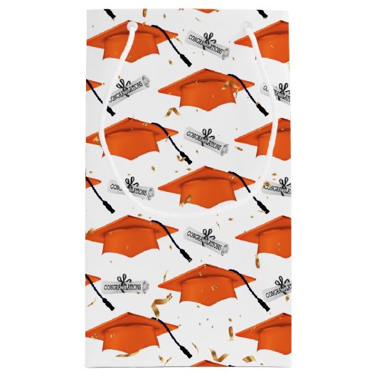 Orangefarbene Graduierungsklammern mit Diplomen Kleine Geschenktüte (Rückseite)