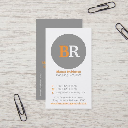 Orangefarbene, graue und weiße Visitenkarte (Vorderseite/Rückseite Beispiel)
