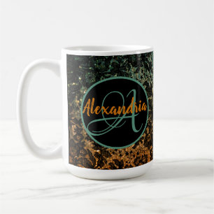 Orangefarbene, grün-schwarz-blumenfarbene Monogram Kaffeetasse