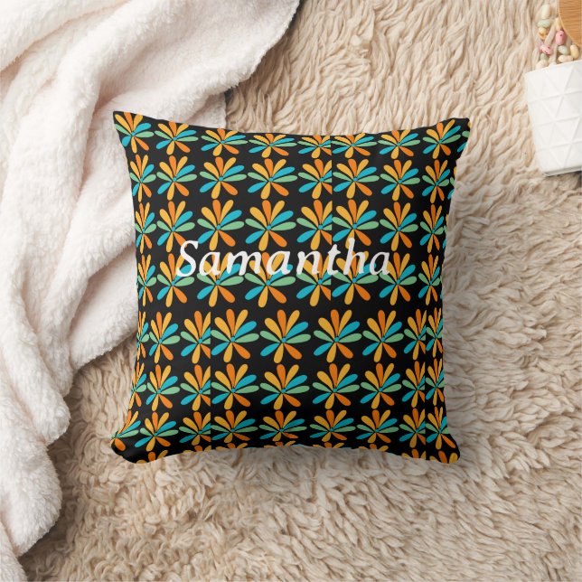 Orangefarbene, grüne und blaue Blumen Kissen (Decke)