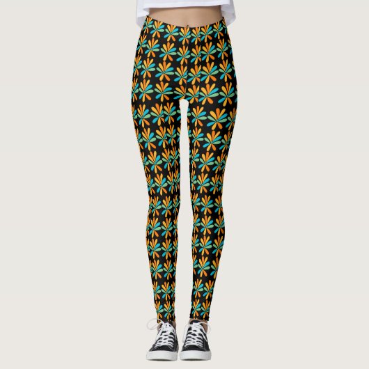 Orangefarbene, grüne und blaue Blumen Leggings (Vorderseite)