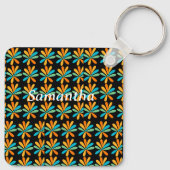 Orangefarbene, grüne und blaue Blumen Schlüsselanhänger (Rückseite)