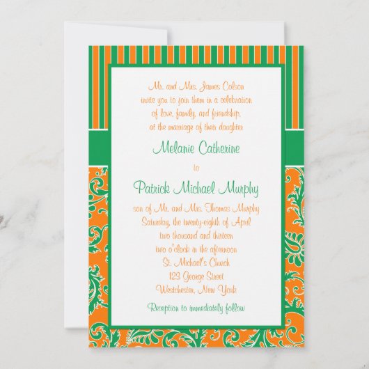 Orangefarbene, grüne, weiße, blumengestreifte Hoch Einladung (Rückseite)