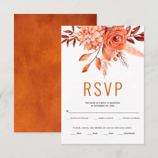 Orangefarbene HerbstBlume und Blätter Hochzeit im RSVP Karte (Vorne/Hinten)