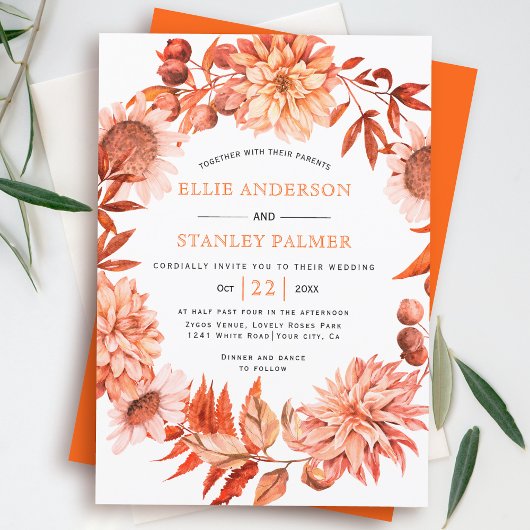 Orangefarbene Herbstkranz-Hochzeit im Herbst Einladung