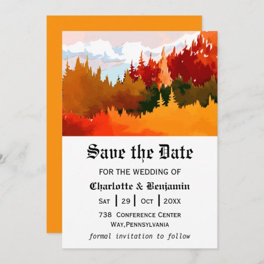 Orangefarbene Herbstlandschaft Save the Date (Vorne/Hinten)