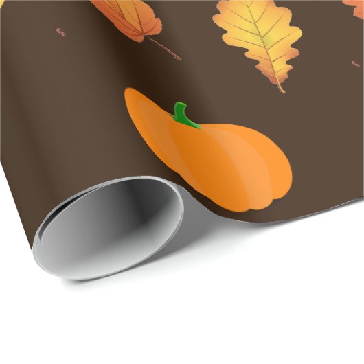 Orangefarbene Herbstleaves und Pumpketten auf brau Geschenkpapier (Rolleneckpunkt)