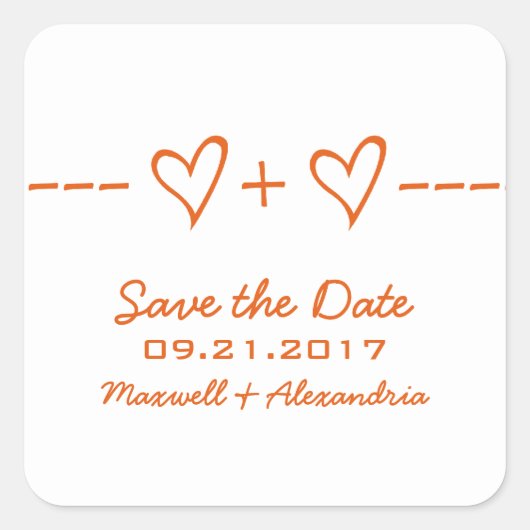 Orangefarbene Herzgleichung Save the Date Stickers (Vorderseite)
