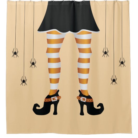 Orangefarbene Hexenbeine und Spinnen Halloween Duschvorhang (Vorderseite)