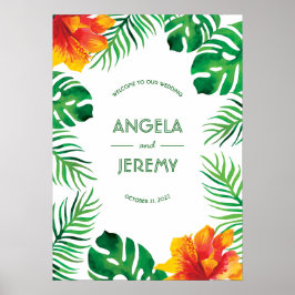 Orangefarbene Hibiskus- und tropische Blätter Hoch Poster