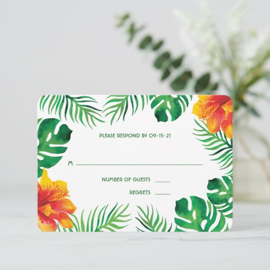 Orangefarbene Hibiskus- und tropische Blätter Hoch RSVP Karte (Stehend Vorderseite)