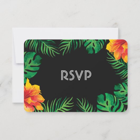 Orangefarbene Hibiskus- und tropische Blätter Hoch RSVP Karte (Rückseite)