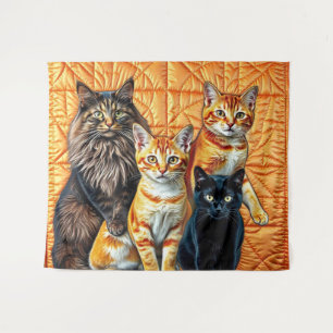 Orangefarbene Hintergrunde vier Katzen Wandteppich