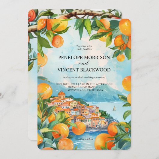 Orangefarbene Hochzeit Einladung (Vorne/Hinten)