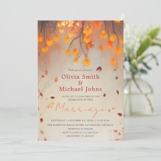 Orangefarbene Hochzeit im Herbst im Herbst Einladung (Stehend Vorderseite)