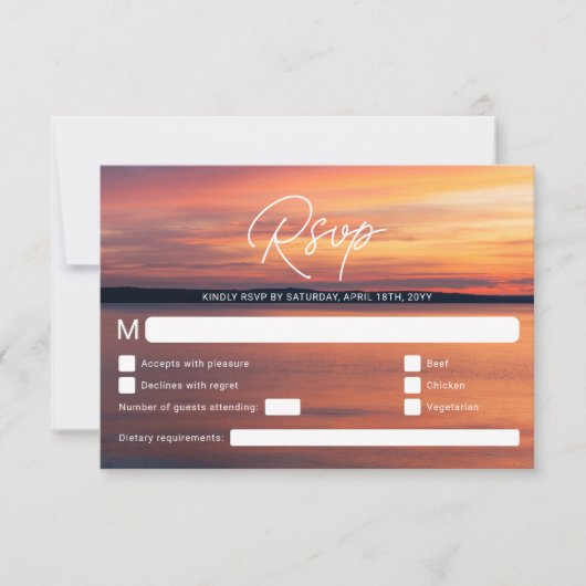 Orangefarbene Hochzeit in Urlaubsort oder Hochzeit RSVP Karte (Vorderseite)