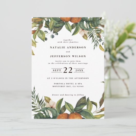 Orangefarbene Hochzeit Save The Date (Stehend Vorderseite)