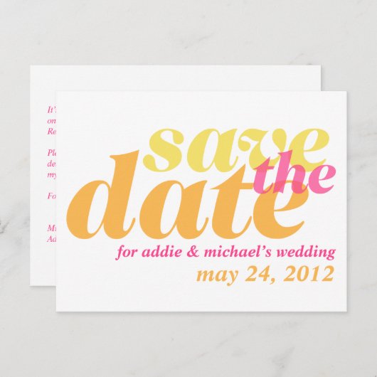 Orangefarbene Hochzeitsankündigung Save the Date Postkarte (Vorne/Hinten)