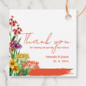 Orangefarbene Hochzeitsfeier mit gelben Wildblumen Geschenkanhänger (Rückseite)