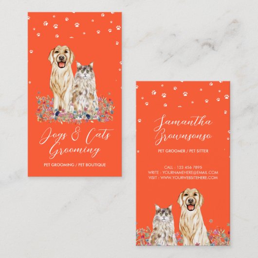 Orangefarbene Hunde Katzen Haustiere Sitter Visitenkarte (Vorne/Hinten)