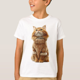 Orangefarbene Ingwer Fluffkatze in gestricktem Pul T-Shirt