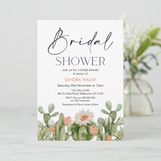 Orangefarbene Kaktus Bridal Dusche Einladung (Stehend Vorderseite)
