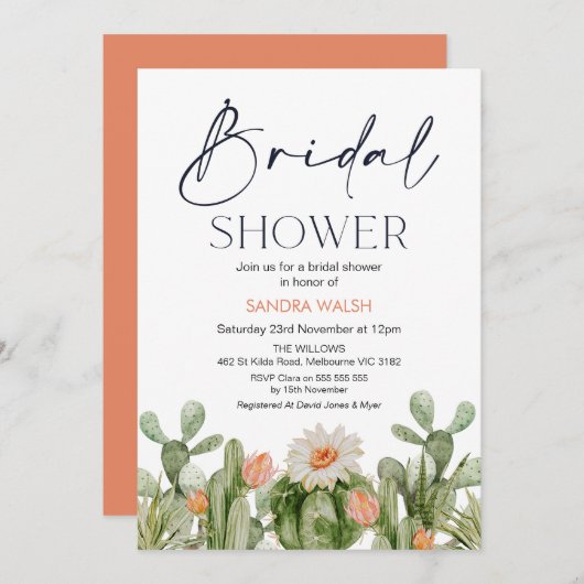 Orangefarbene Kaktus Bridal Dusche Einladung (Vorne/Hinten)