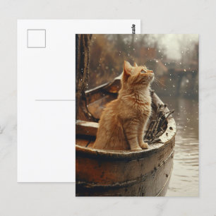 Orangefarbene Katze auf einem Holzboot Postkarte