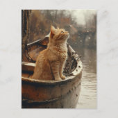 Orangefarbene Katze auf einem Holzboot Postkarte (Vorderseite)