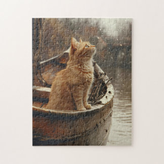 Orangefarbene Katze auf einem Holzboot Puzzle