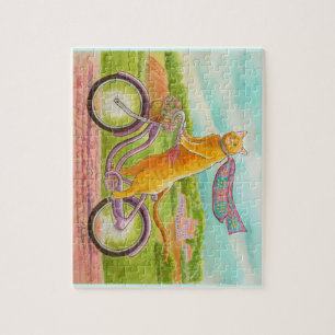 Orangefarbene Katze auf einem Lila Fahrrad Puzzle