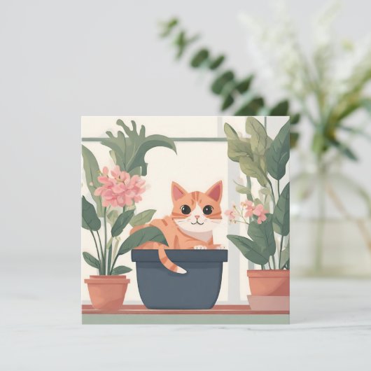 Orangefarbene Katze in Blume Pot Karte (Stehend Vorderseite)