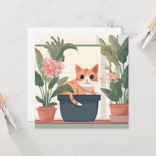 Orangefarbene Katze in Blume Pot Karte (Vorderseite/Rückseite Beispiel)