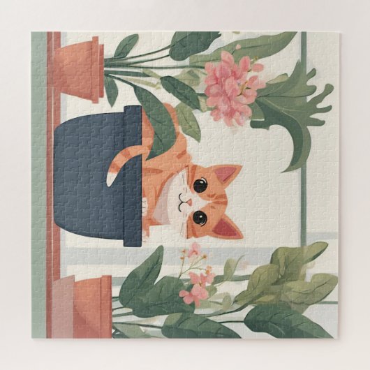 Orangefarbene Katze in Blume Pot Puzzle (Horizontal)