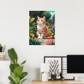 Orangefarbene Katze in einem bunten Garten Poster