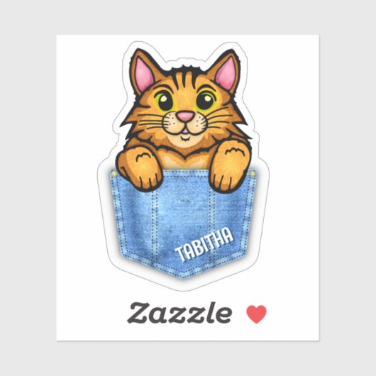 Orangefarbene Katze in Imitaten Denim Pocket mit I Aufkleber (Blatt)