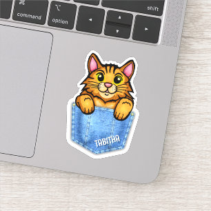 Orangefarbene Katze in Imitaten Denim Pocket mit I Aufkleber