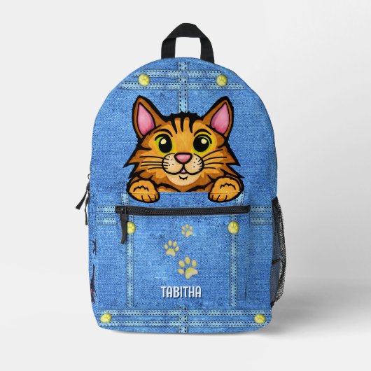 Orangefarbene Katze in Imitaten Denim Pocket mit I Bedruckter Rucksack (Vorderseite)