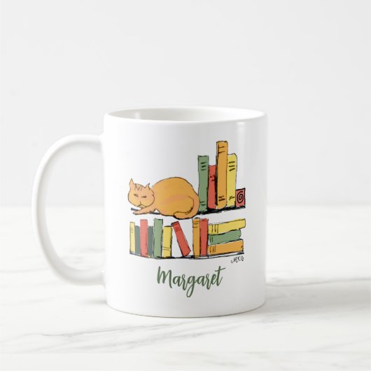 Orangefarbene Katze in Niedlicher Bibliothek mit B Kaffeetasse (Links)