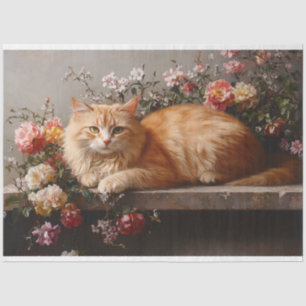 Orangefarbene Katze mit antiken Blume Dekoupage Seidenpapier