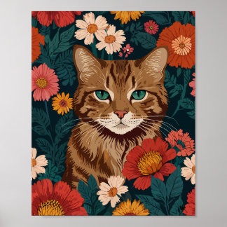 Orangefarbene Katze mit bunten Wildblumen Poster