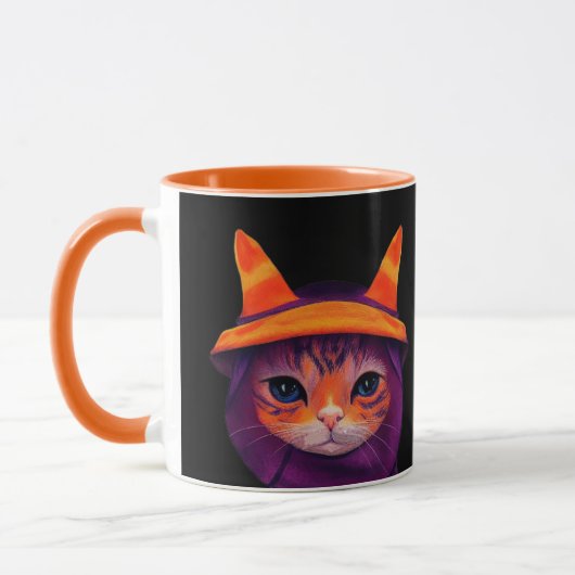 Orangefarbene Katze mit Hexenhut Halloween Black Tasse (Links)