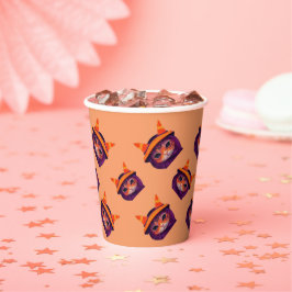 Orangefarbene Katze mit Lila Hexenhut-Halloween-Pa Pappbecher