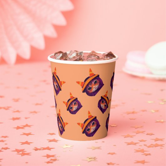 Orangefarbene Katze mit Lila Hexenhut-Halloween-Pa Pappbecher (Insitu)