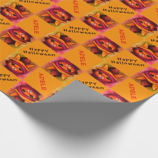 Orangefarbene Katze mit Lila Hexenhutenhappenhamme Geschenkpapier (Ecke)